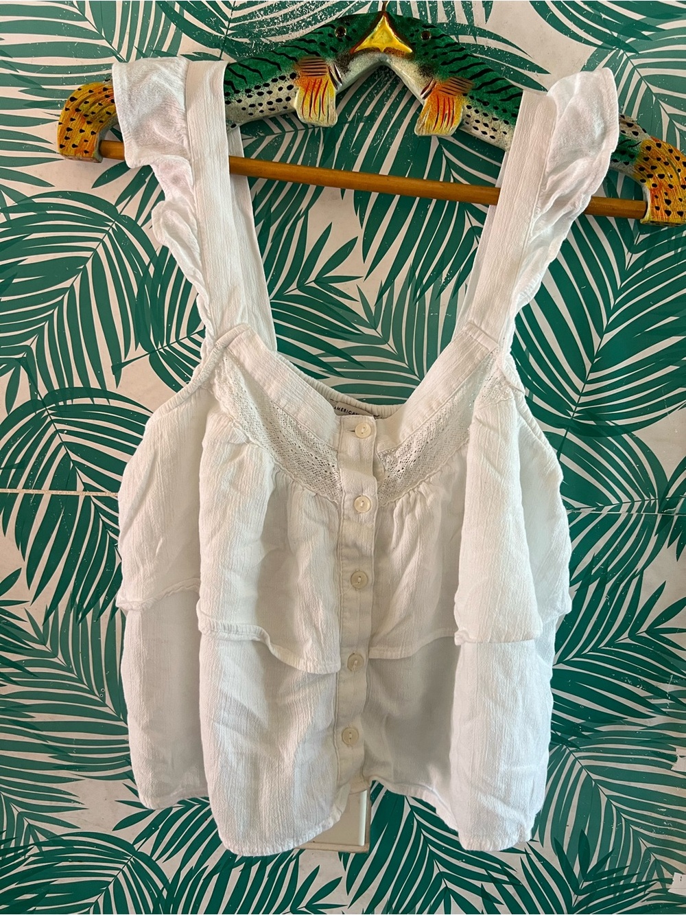 American Eagle Outfitters White Ruffle Strap Button-Front Cropped Camisole Sz S